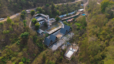 An aerial shot shows the resort buildings of Perfect Stayz The Jungle Resort surrounded by trees and hills.