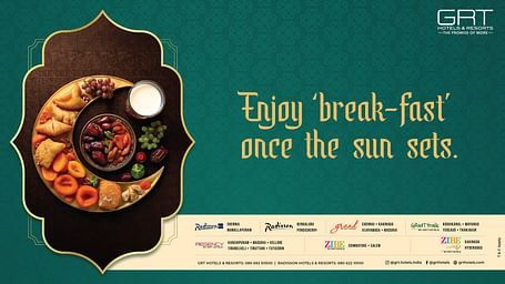 Ramadan banner with a crescent platter of Iftar treats by GRT Hotels logo and text Enjoy break-fast'once the sun sets