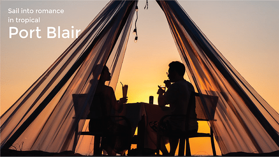 A banner of a couple dining outdoor while relishing sunset  with the text saying 