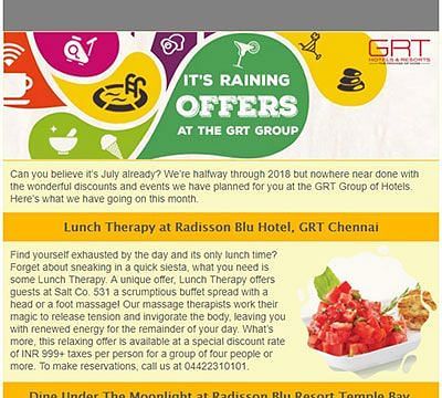 Newsletter promoting festive offers at the GRT Group of Hotels.