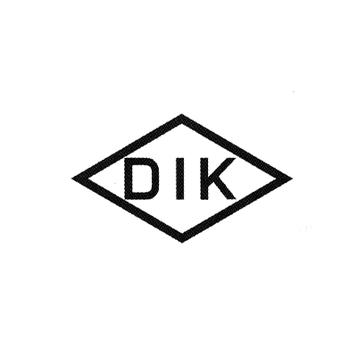 Diamond-shaped DIK logo with black letters on a white background.