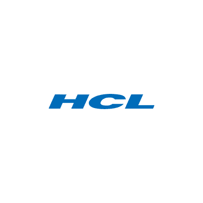 Logo of HCL in bold italisized blue text.