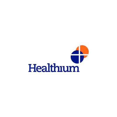 Healthium logo with a blue font and a medical cross symbol in red and blue.