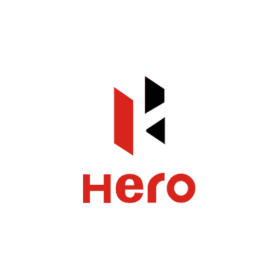 Hero logo with a red and black geometric icon followed by bold red text.