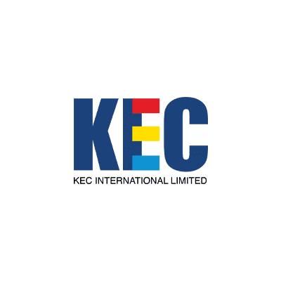 KEC International Limited logo with blue, yellow, and red initials and a tagline beneath.