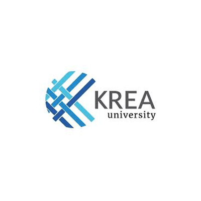 Logo of Krea University with a woven blue graphic symbol next to the text.