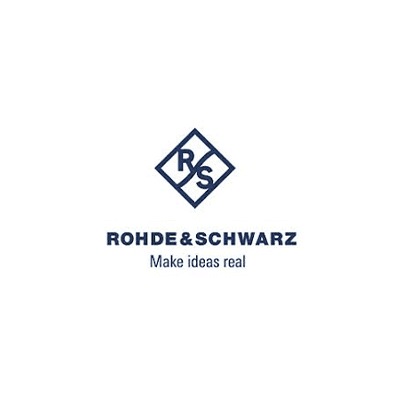 Logo of Rohde & Schwarz, a tech brand, with a geometric diamond emblem and blue typography.