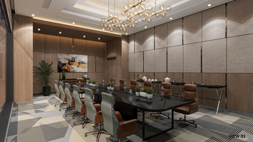 A wide-angle shot of the Emerald Conference Room with sound-proof panelled walls, with modern interiors - KPG Sarovar Portico, Raj Nagar Extension, Ghaziabad