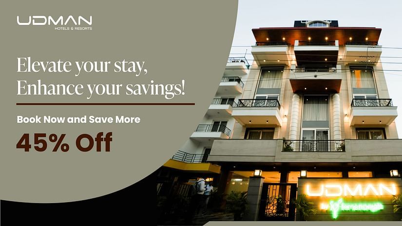 A poster highlighting the 45% OFF offer at Udman Hotels & Resorts.