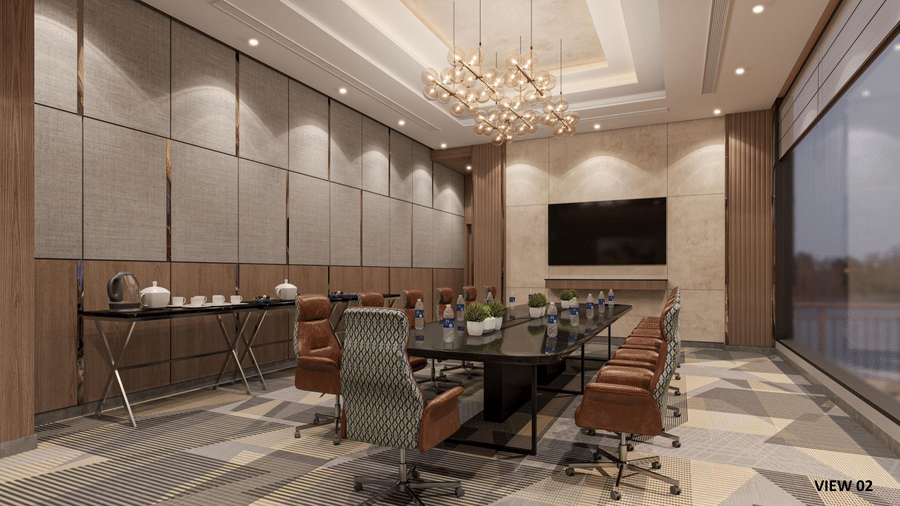 Full view of the Emerald Conference Room featuring a long table conference table with huge wide-screen television mounted on the wall - KPG Sarovar Portico, Raj Nagar Extension, Ghaziabad