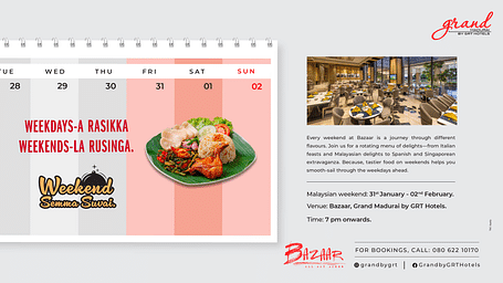A vibrant calendar-themed creative banner highlighting a Malaysian weekend food fest at Bazaar, Grand Madurai by GRT Hotels.