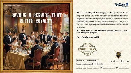 A banner featuring a promotion related to the Heritage Brunch at Radisson Blu Hotel & Suites GRT Chennai.