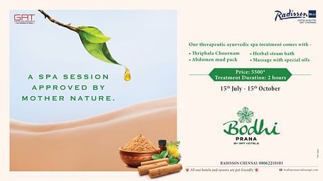 Bodhi Prana spa offer at Radisson Blu Hotel & Suites GRT Chennai featuring Ayurvedic therapies with herbs and oils, valid from 15th July to 15th October.