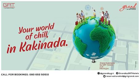  Illustration of a green globe with casual travelers, text says: Your world of chill, in Kakinada