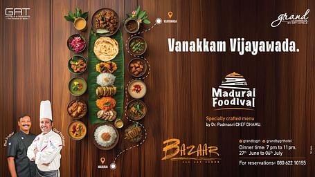 Promotional poster for Madurai Foodival at GRT Vijayawada featuring traditional dishes, chefs Sridhar and Prabhakar, and event details.