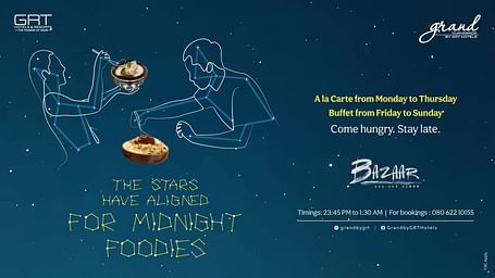 Enjoy the midnight feast at Grand Vijaywada featuring A La Carte menu from Monday to Thursday, and Buffet from Friday to Sunday. The Bazaar restaurant will be open from 11:45 PM to 1:30 AM.