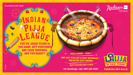 Banner for the 'Indian Pijja League' at Radisson Blu, GRT Chennai, featuring pizza-themed cricket offers: Pijja combo for Rs 1599