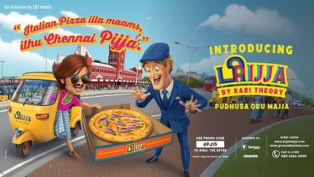 A vibrant creative for Pijja by Kari Theory, featuring a Chennai-style pizza delivery scene near Central Station.