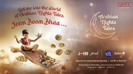 A creative showing a magical Arabian Nights-themed food festival with lavish dishes, a flying carpet, and a dreamy golden glow.