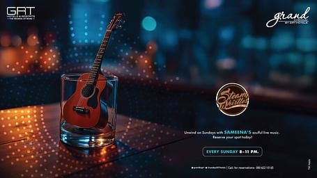 Banner for live music nights at Steam Whistles, Grand Chennai by GRT Hotels. A mini guitar is shown inside a glass, with details about Sameena’s live performance every Sunday from 8–11 PM.