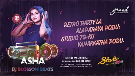 Poster for retro night at Studio 79, Grand Madurai by GRT Hotels featuring DJ Blossom Beats. Highlights party time, date, and a vibrant 80s-inspired theme.