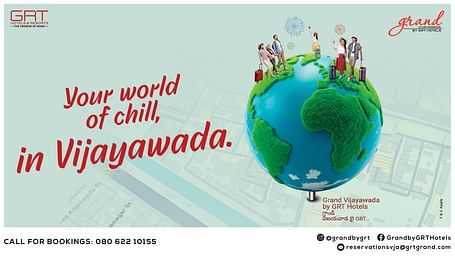  Illustration of a small green planet with people relaxing, text reads: Your world of chill, in Vijayawada