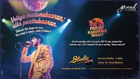 An eye-catching digital poster for Studio 79’s Friday Karaoke Night at Grand Madurai, featuring a chic singer in a sparkling outfit, a classic disco ball, neon lettering, and vibrant stage lights.