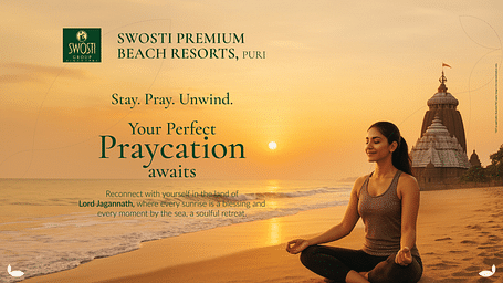 Promotional banner for the Praycation Package at Swosti Premium Beach Resorts, Puri, showing a woman meditating at sunrise near the iconic Jagannath Temple.