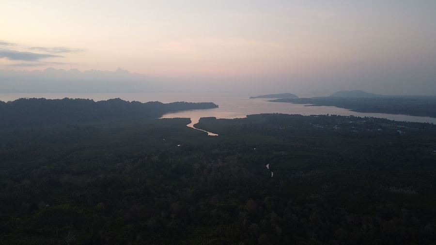 An aerial view of a water body | Matsya Island Retreat