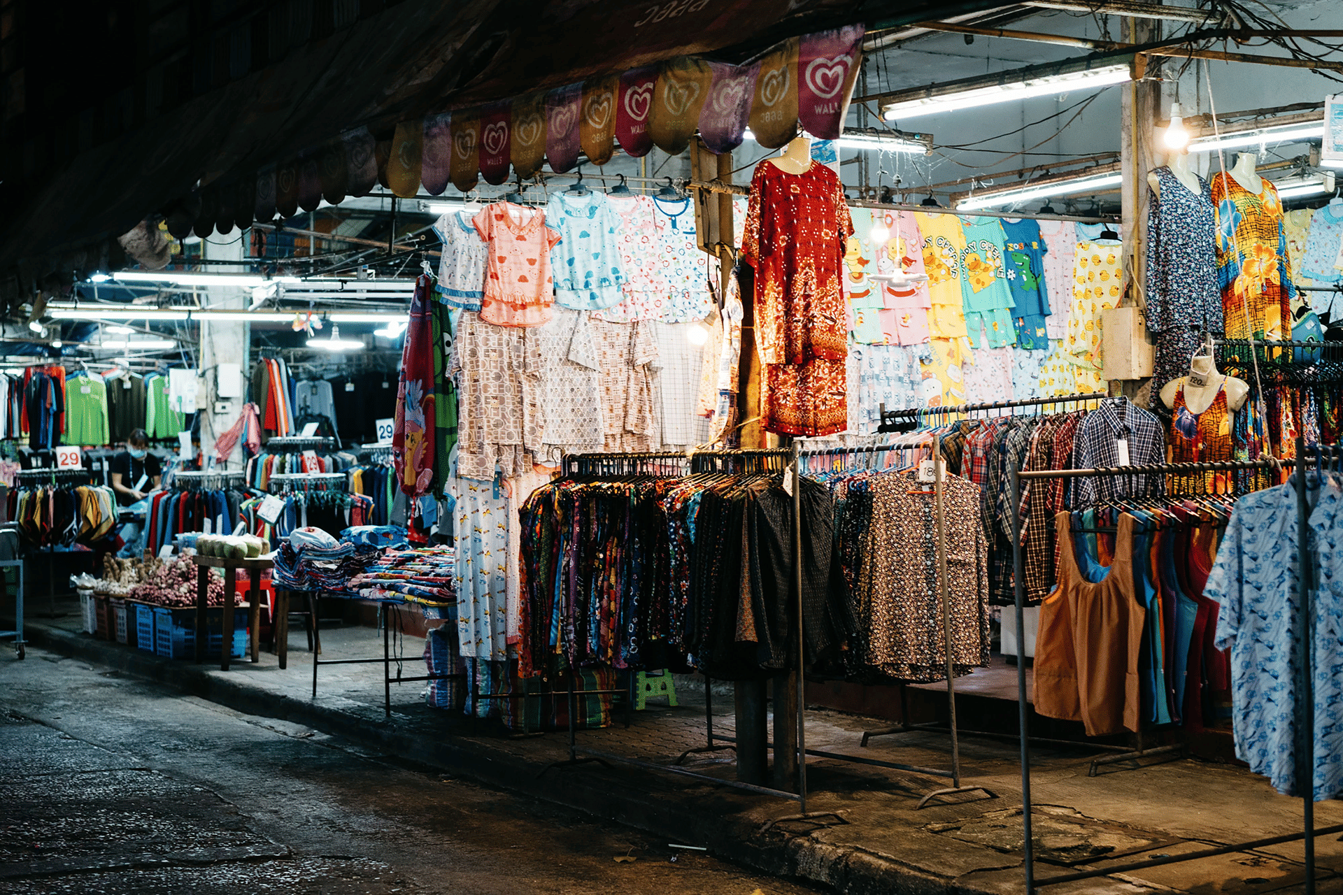 Traditional textile and clothing stalls in a Coimbatore street market