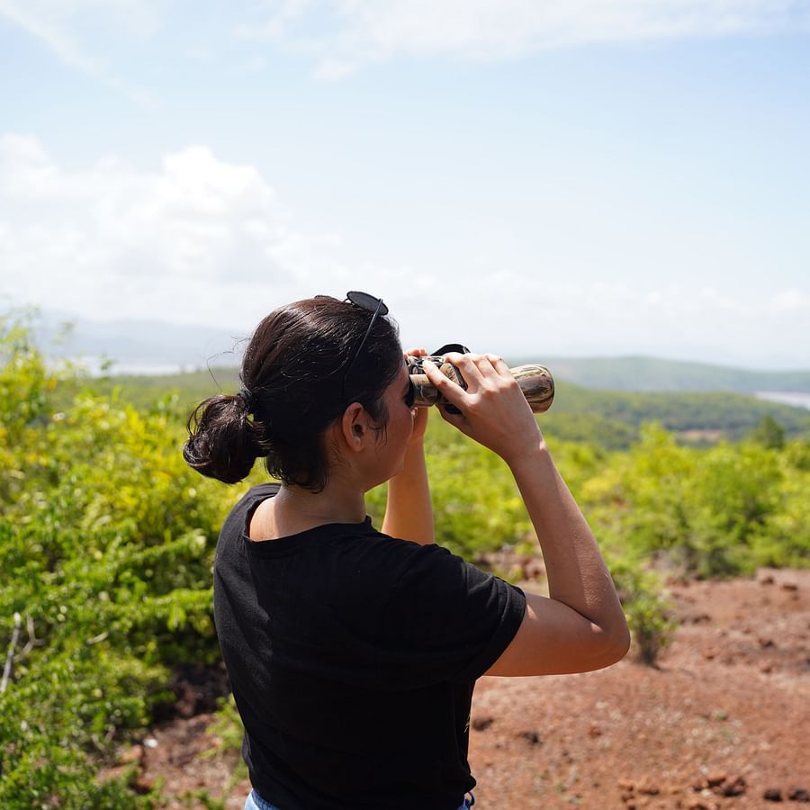 A person using binoculars for bird watching - Stone Wood Nature Resort, Gokarna