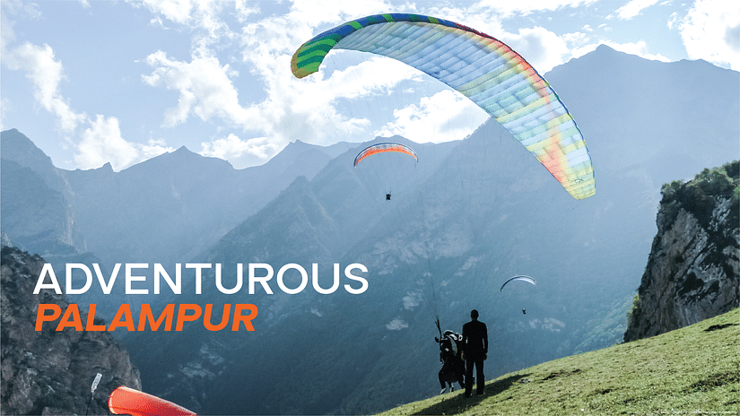 Cover page of Adventurous Palampur featuring thrilling paragliding over scenic mountains and lush landscapes.