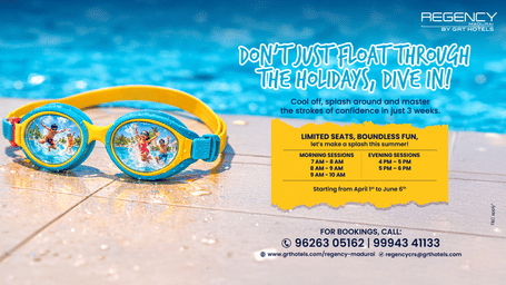 Swimming goggles by a pool promoting a summer swimming programme with session timings at Regency Madurai by GRT Hotels