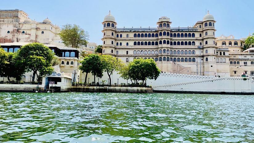 View of city fort from lake pichola in Udaipur