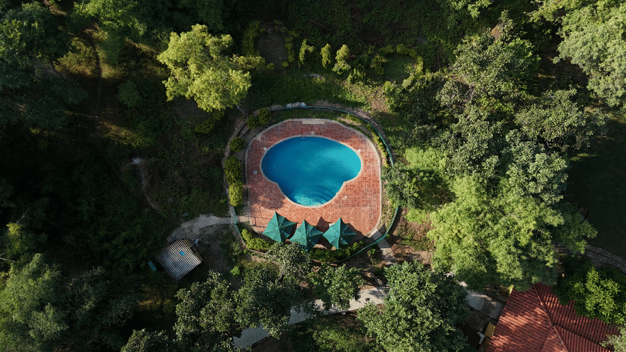 Aerial view of a circular swimming pool set within dense forest, with a surrounding deck at Infinity Resorts Bandhavgarh.