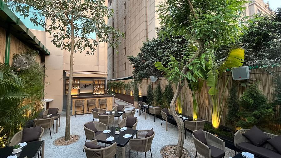 A pathway leads through Nemesia’s outdoor area with tables and chairs set for dining.