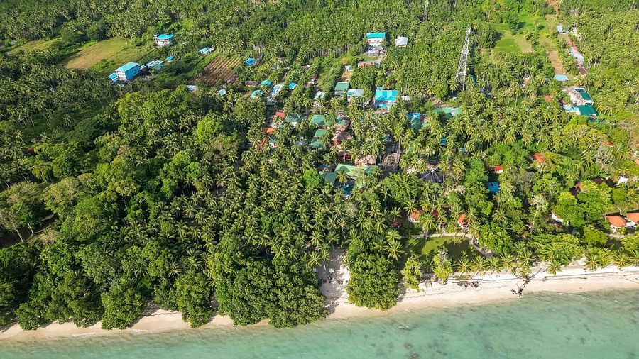 An aerial view of a lush tropical resort surrounded by green foliage, with the beach and ocean visible. The resort buildings are nestled within the greenery, offering a tranquil retreat - Coral Reef Resort & Spa, Havelock
