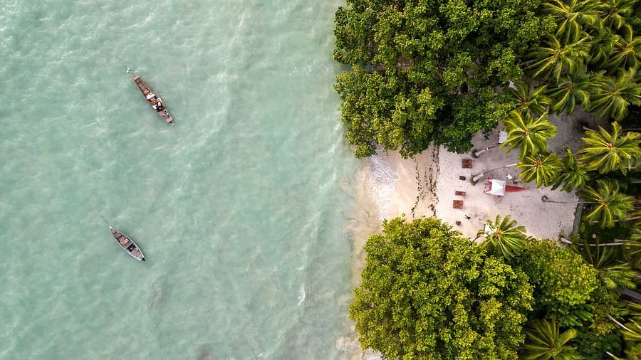 A view of people kayaking in the turquoise waters near a serene beach, surrounded by lush tropical greenery. The peaceful environment adds to the natural beauty of the scene - Coral Reef Resort & Spa, Havelock