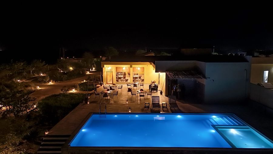 A drone shot of Rosette restaurant which also has an infinity pool near it at Kurja Jawai