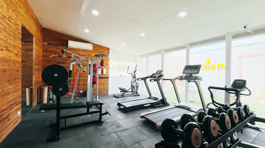 A fitness gym with natural light, featuring wood panel walls, a row of dumbbells, treadmills, and a weight bench.