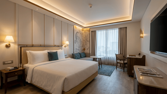 Interior of an accommodation of Prachi Sarovar Premiere, Bhubaneswar, featuring wooden flooring, a plush double bed with pillows and cushions facing a wall-mounted TV, and a window with sheer curtains drawn on one side of the room beside a working desk and