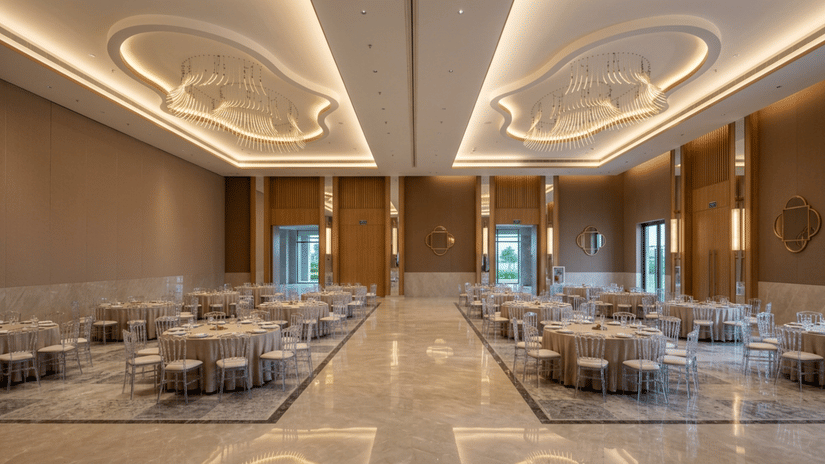 Interior of a banquet hall at Prachi Sarovar Premiere, Bhubaneswar, featuring cluster-style seating arrangement and modern overhead ceiling lighting.