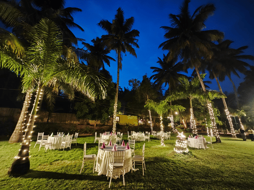 An outdoor event space at night, with white-clothed tables and chairs set on a grassy lawn, surrounded by tall palm trees wrapped in string lights under a deep blue sky.