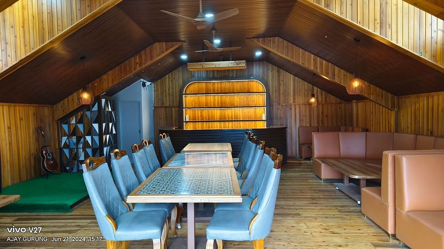 seating space for dining with wooden ceiling