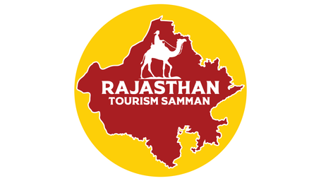 A logo of Rajasthan Tourism Samman. It has a map of Rajasthan and inside it there is a camel silhouette as well.