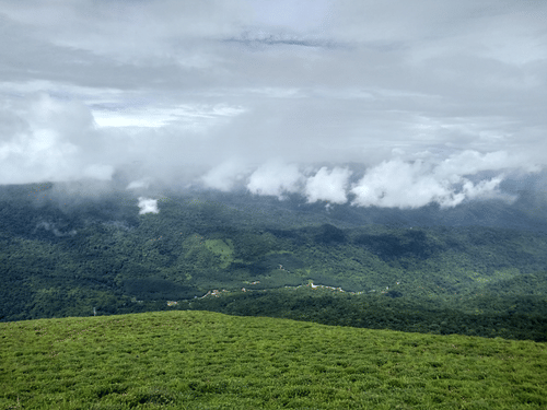 View of green hills and valley covered with clouds under overcast sky, with grassy foreground and forested landscape below.