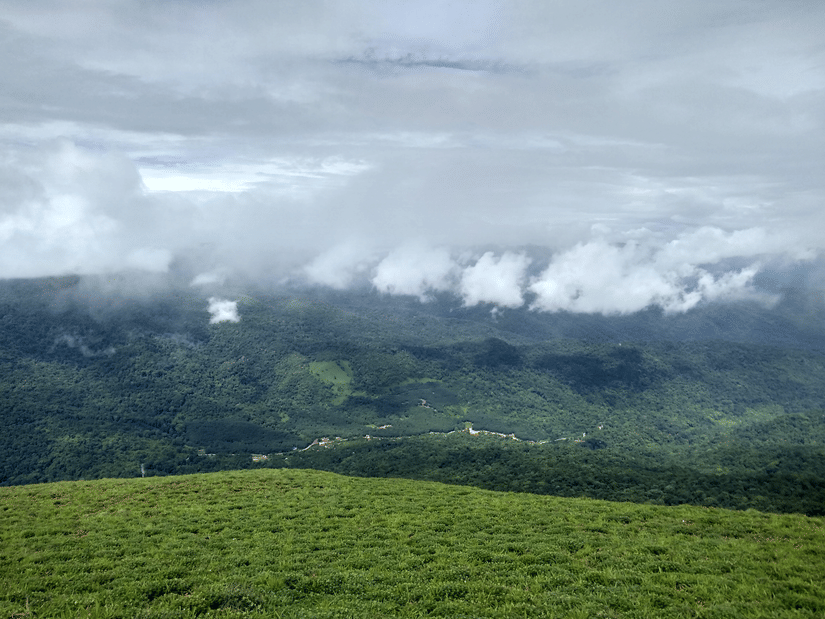 View of green hills and valley covered with clouds under overcast sky, with grassy foreground and forested landscape below.