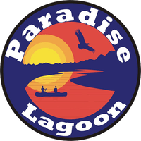Circular logo with a sunset, canoe on water, flying bird, and the words 'Paradise Lagoon' in white text on a blue background.