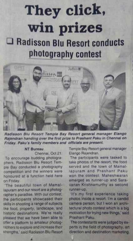Article about the winner of photography contest conducted by Radisson BLU Resort Temple Bay Mammalapuram