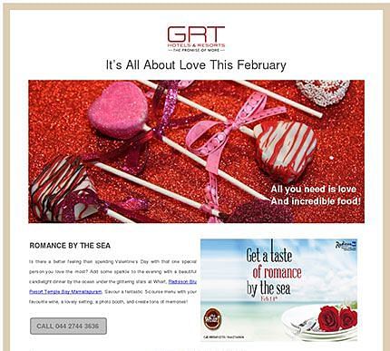 Newsletter featuring festive love themed february promotions and offers at GRT Hotels.